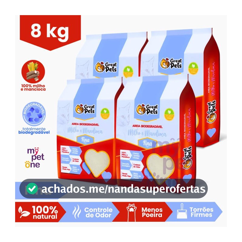 Areia Great Pets para Gatos Biodegradável Fina - 2Kg a 8Kg