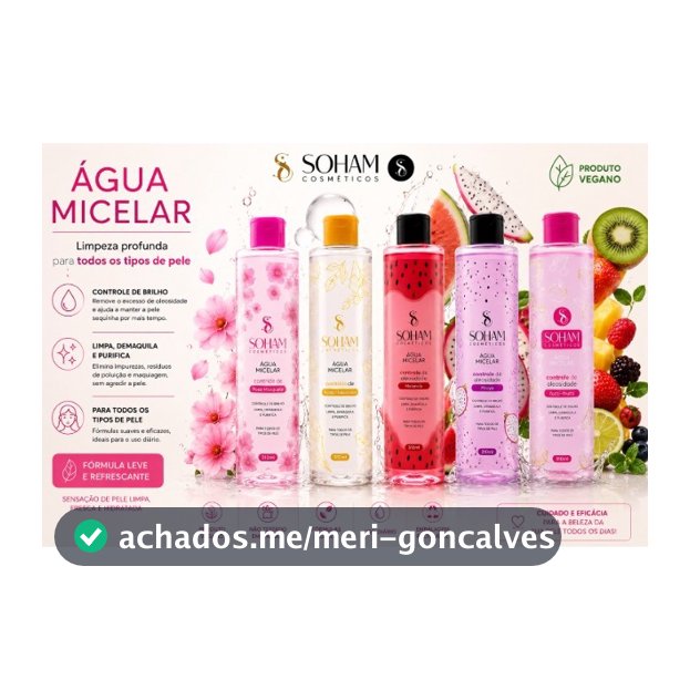 Agua Micelar limpeza facial toque suave vitamina C controle de oliosidade Soham Cosmético Vegano cuidado diário 310ml