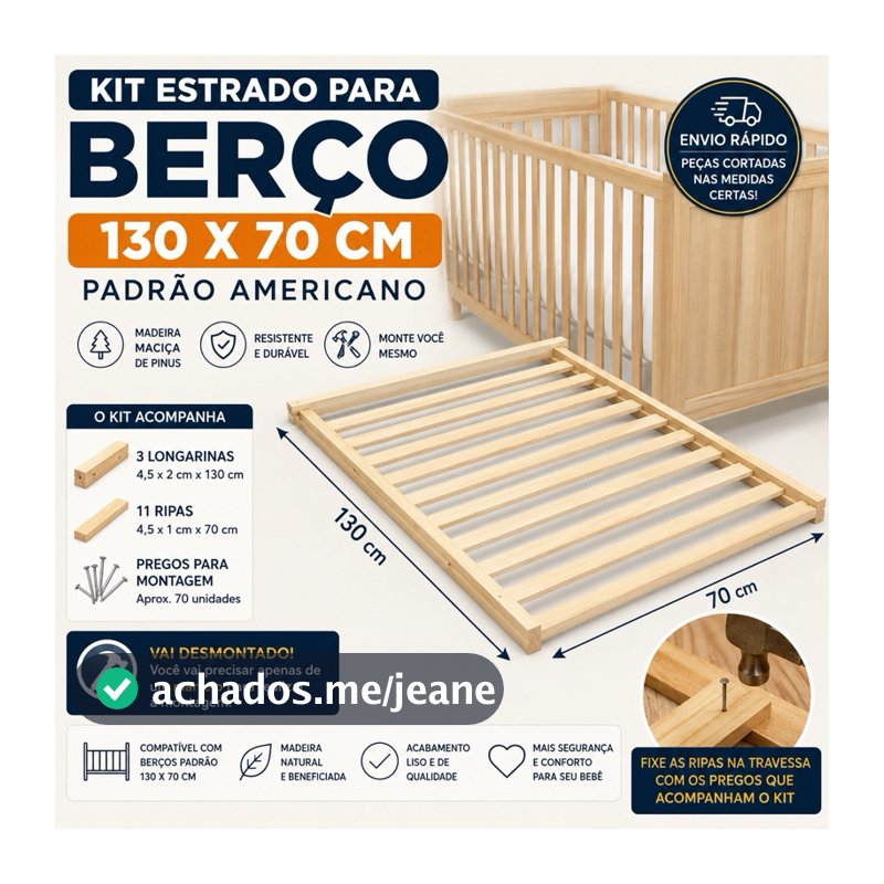 Kit Estrado Berço Padrão 130x70cm e 130x60cm Madeira Pinus Desmontado DIY Ripas Completo Nacional e Internacional