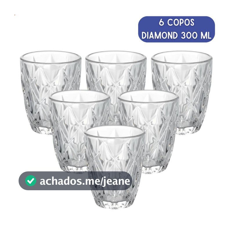 Kit 6 Copos de Vidro Diamond 300ml Resistente Grosso Transparente Elegante Moderno Jogo de Copos