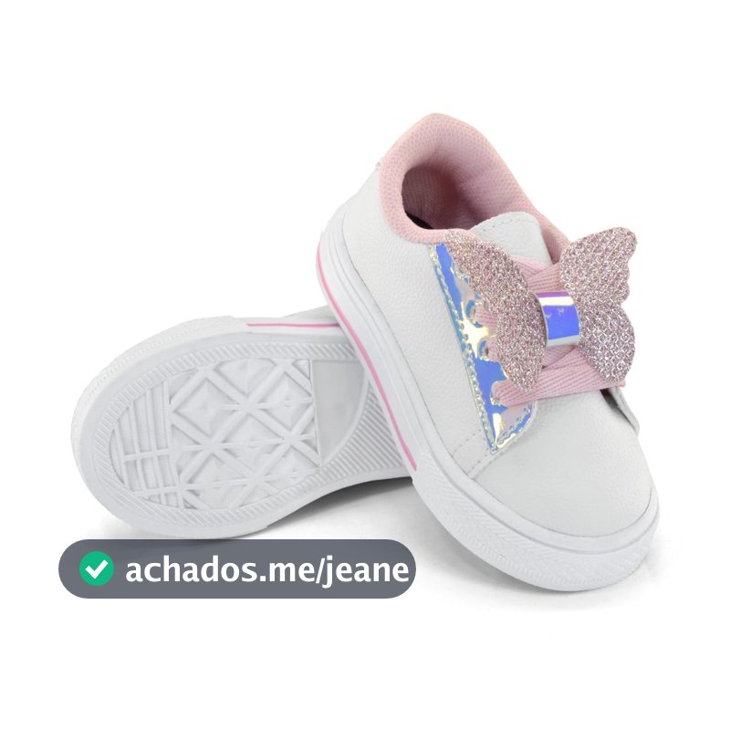 Tênis Infantil Menina Escolar Confortável Antiderrapante Branco e Rosa  com Detalhe Borboleta Glitter no Cadarço