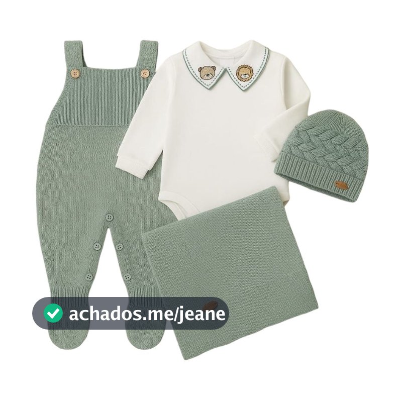 saída Maternidade verde tricô menino body bordado touca