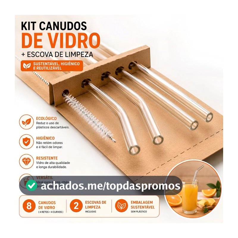 Canudos de Vidro Reutilizáveis Kit 4 Unidades com Limpador para Água Sucos Cafés e Bebidas