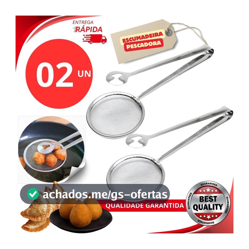 Kit 02 - Escumadeira Pescadora Para Fritura C/pegador Em Inox 2 Em 1 Variáveis Utilidades Premium