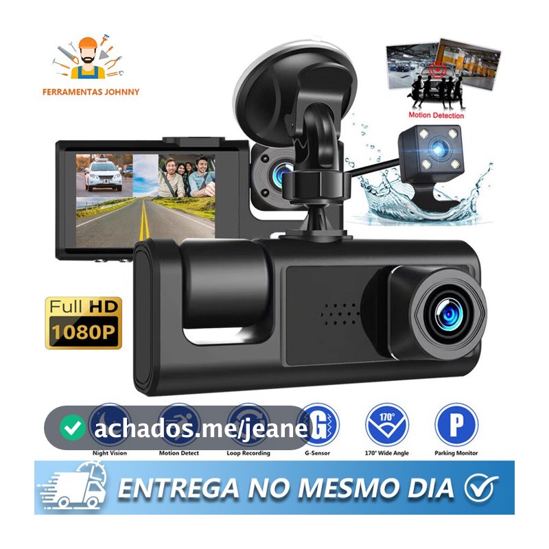 Gravador Veicular Tela Ventosa 3 Lentes DVR Câmeras Segurança para Veículos Frente Interior Traseira câmera direção