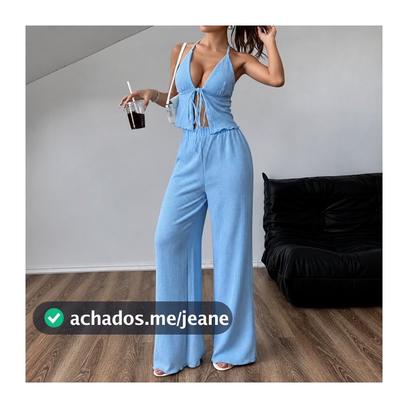 Conjunto Feminino Liz Calça Pantalona Inverno + Blusinha Top Amarração Look Versátil