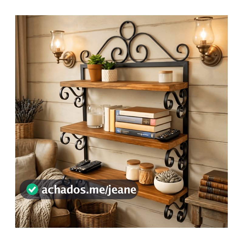Prateleira Rústica De Parede Ferro Madeira 3 Andares Artesanal 60cm Decorativa Cozinha Sala Banheiro