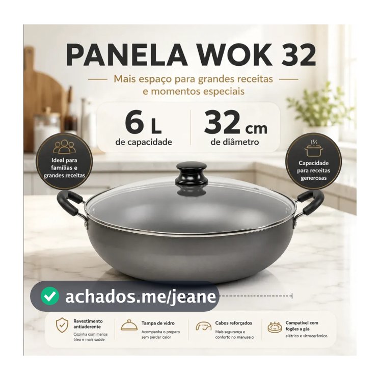 Panela Wok Grande 32cm 6L Antiaderente Interno E Externo 3mm Reforçada Com Tampa De Vidro Temperado