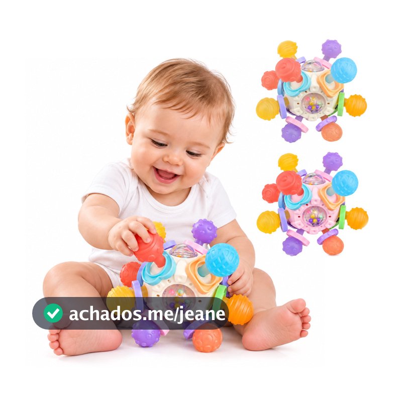 Bola Mordedor Sensorial para Bebê 12 Pontas com Chocalho Silicone Dentição
