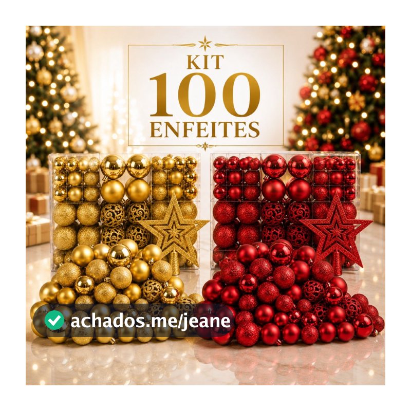 Kit 100 Bolas +1 Estrela Pendentes Árvore Natal Decoração Enfeites Bolinhas Premium Lisas/Glitter/Fosca Vermelho/Dourado