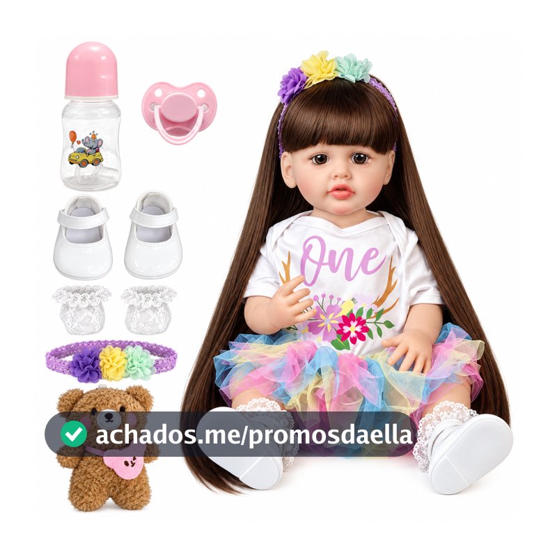 Boneca Bebê Reborn Realista 51cm Cabelo Longo Tutu Colorido com Acessórios Ursinho Presente Infantil