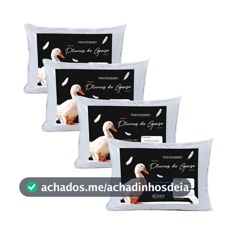 Kit 4 Travesseiro Confortável Branco Para Cama Penas e Plumas de Ganso 70x50cm