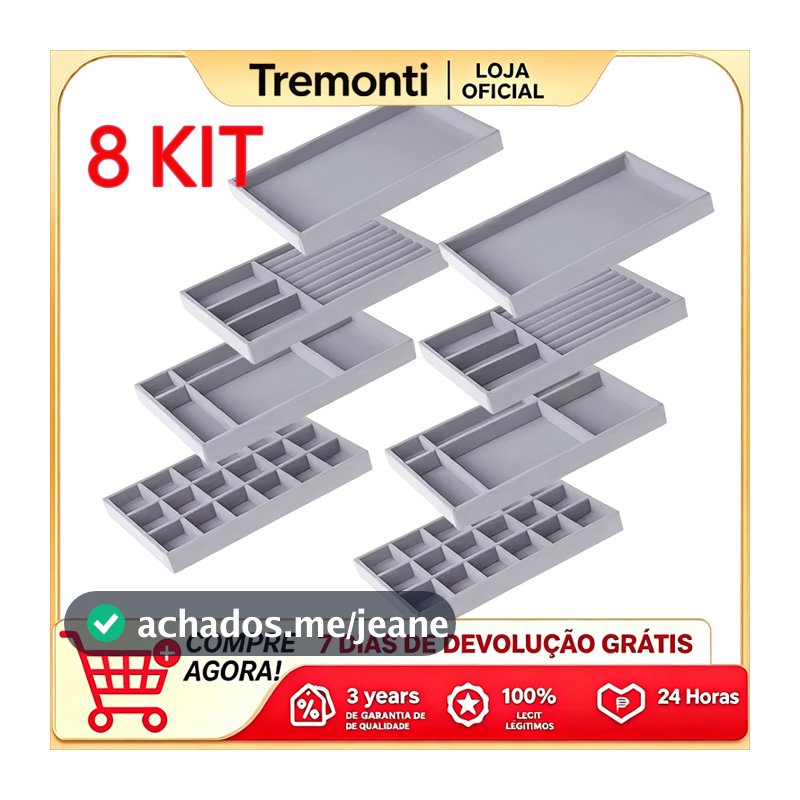 Kit 8 Bandejas Porta-Jóias de Veludo Cinza – Combinação Multifuncional para Organização Completa
