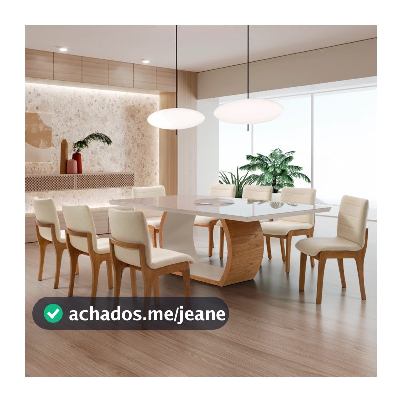 Conjunto Sala De Jantar Bella Tampo 220cm Laqueado Canto Moeda com Vidro e 8 Cadeiras Bella