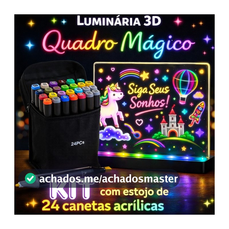 Luminária 3D Lousa Quadro Magico LED + 24 Canetas Acrílicas para Desenho e Pintura