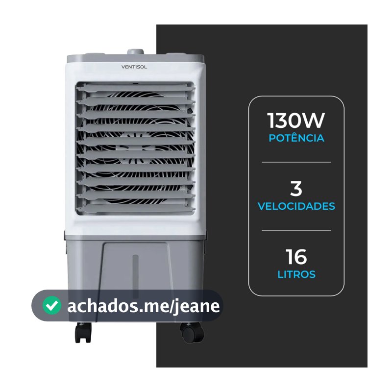 Climatizador de Ar Frio Portátil Ventisol 16L 130W Ventila Umidifica Filtra Climatiza Silencioso Econômico