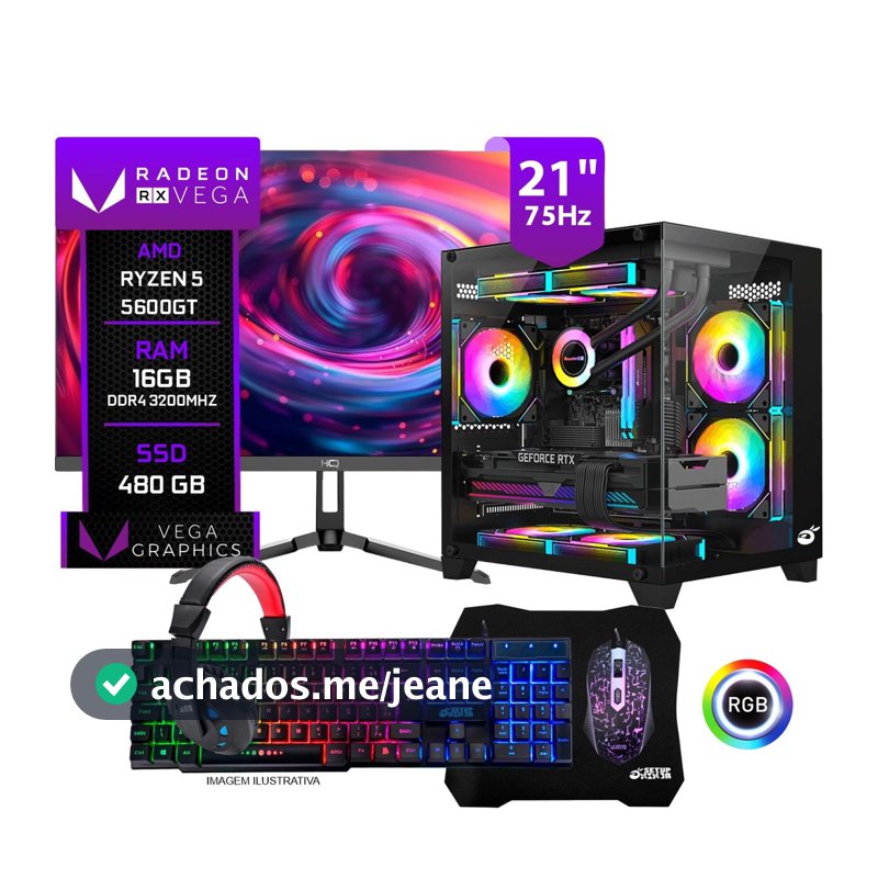 PC Gamer Completo Trigger I, AMD Ryzen 5 5600GT 16GB RAM SSD 480GB Monitor 21" 75Hz, Periféricos