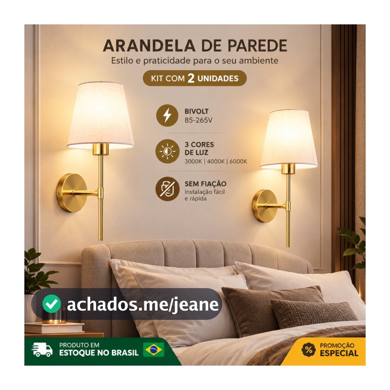 Kit 2 Arandelas de Parede Douradas, Cúpula Tecido Branco, Luminária Quarto Cabeceira Sala,Bivolt,Sem Lâmpada