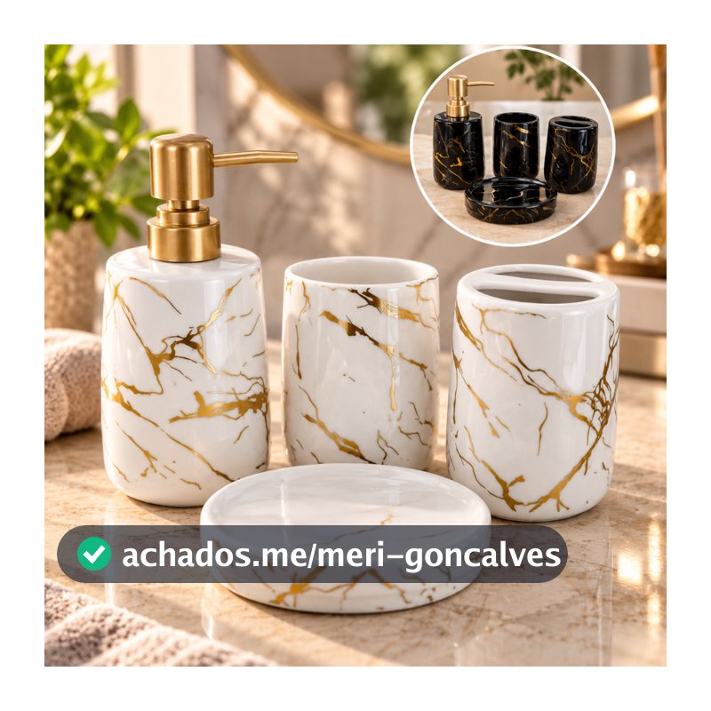 Conjunto de Banheiro em Ceramica - 4 Pecas Branco/Dourado  Preto/Dourado