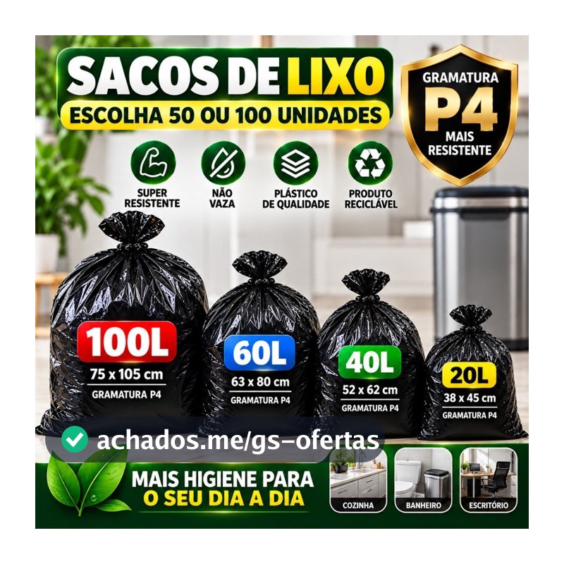 Saco de Lixo Preto Resistente Tamanhos 20L 40L 60L 100L 50 ou 100 Unidades Uso Doméstico