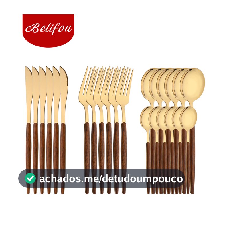 Belifou Kit 24 Jogo De Talheres Aço Inoxidável Ouro Alças De Madeira Alta polidez