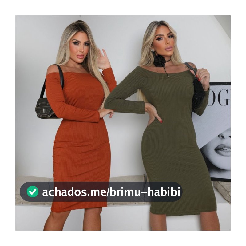 Vestido Midi Ombro a Ombro Inverno Gola Canoa Canelado Premium Manga Longa Decote  Modelador