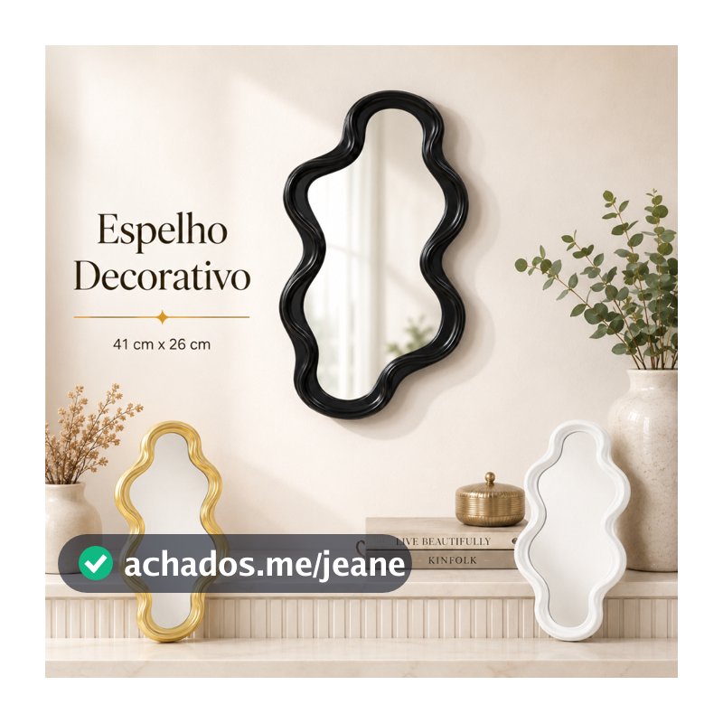 Espelho Decorativo Orgânico 41x26cm Moldura Ondulada Preto Branco Dourado Parede Sala Quarto