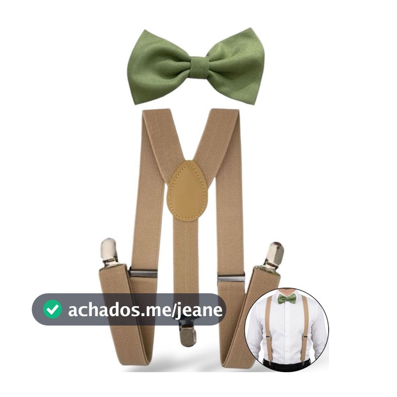 Kit Masculino Suspensório Bege e Gravata Borboleta Verde Oliva Clara Adulto Padrinhos de Casamento