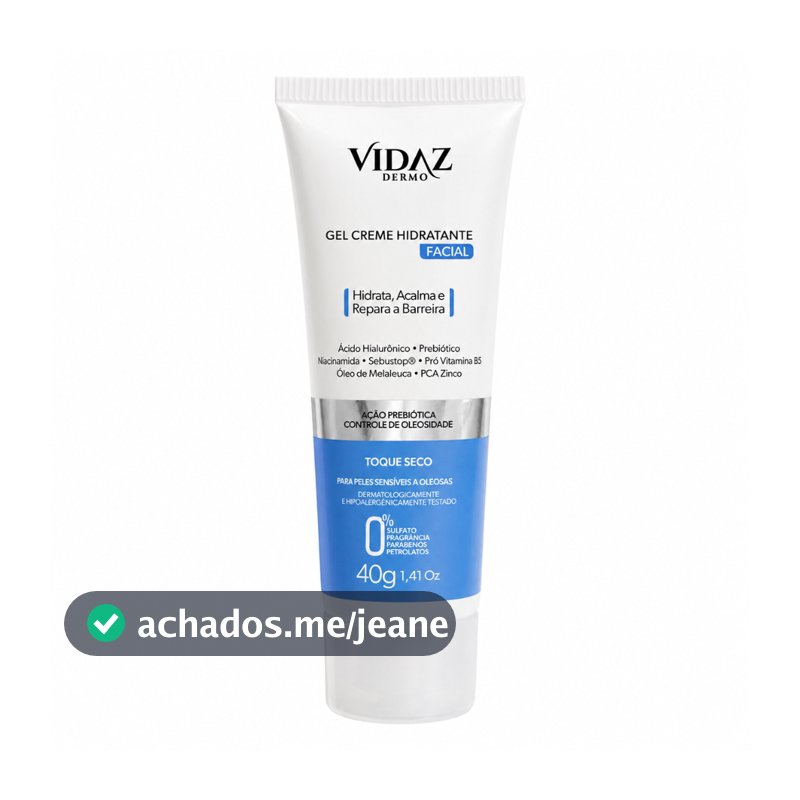 Gel Creme Hidratante Facial Vidaz 40g Ácido Hialurônico Niacinamida Pele Oleosa e Sensível