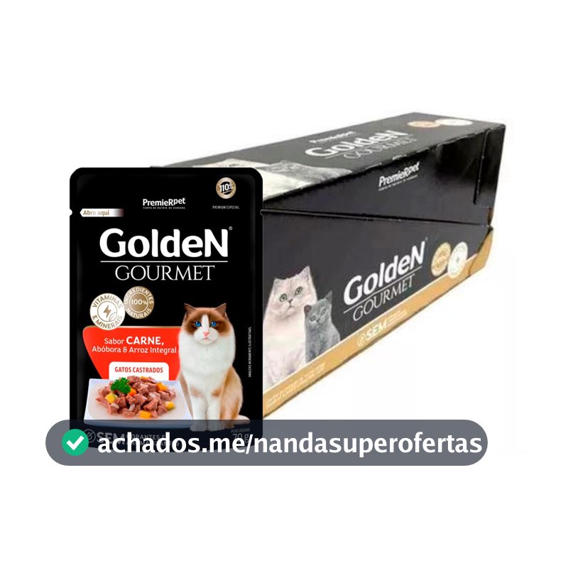 Caixa 20Un. Ração Úmida Golden Gourmet Para Gatos Castrados Carne 70g