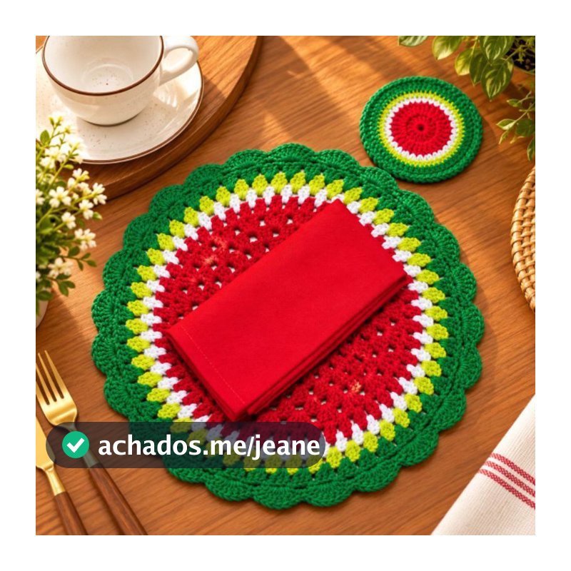 Conjunto kit de sousplat e porta copos de melancia em crochê para mesa posta LER A DESCRIÇÃO