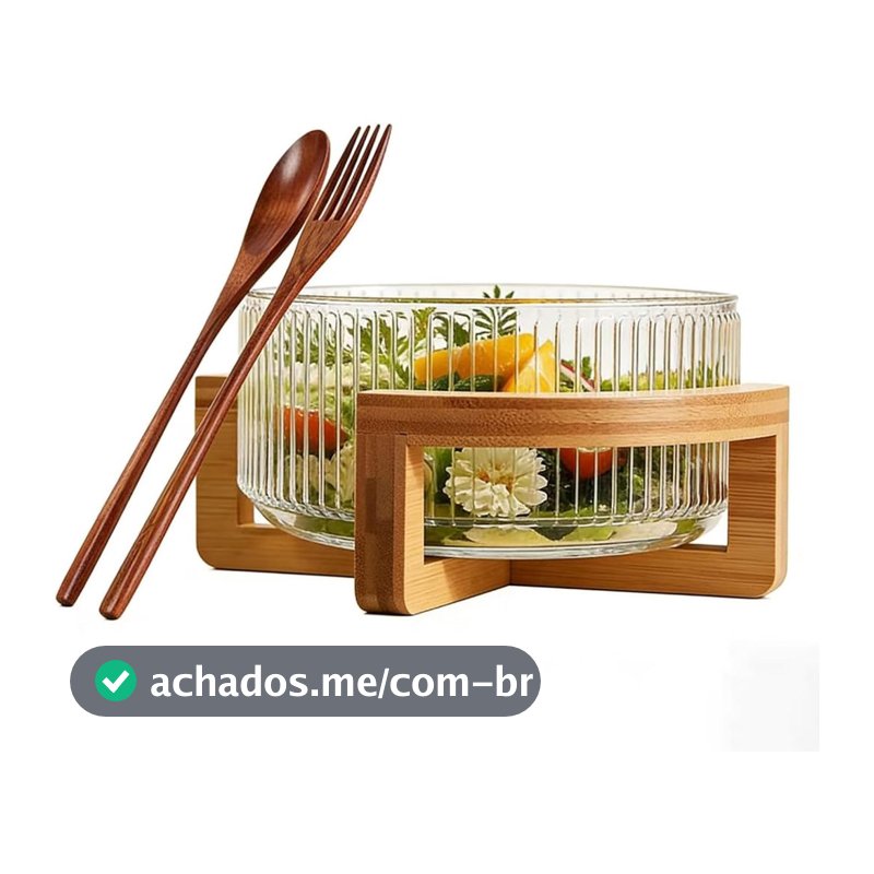 Tigela De Servir Extra Grande Com Utensílios E Base De Madeira-Vidro De Cálcio Durável Suporte De Bambu Rústico