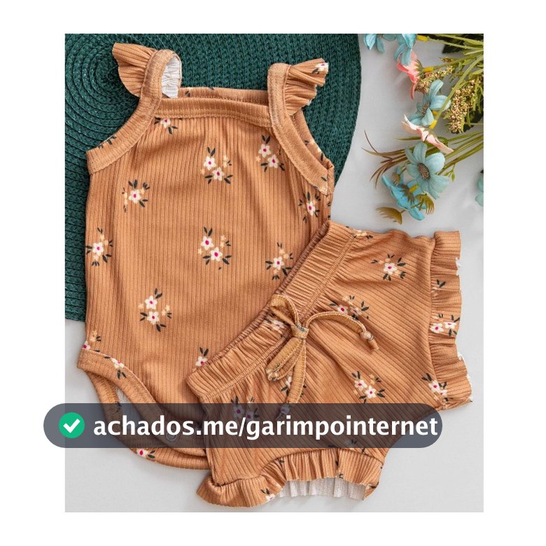 Conjunto Bebê Verão Fresquinho Canelado Menina Body e Tapa Fralda Infantil Babado Marrom com Estampa de Flores
