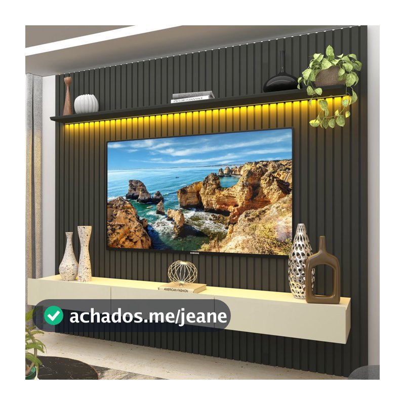 Rack com Painel para TV até 90 Polegadas 100% MDF Ripado com LED e 3 Gavetas 250CMX228,8cm Nobre Cinza Grafite/Off