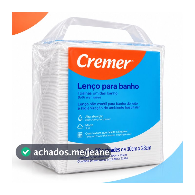 Lenço Para Banho Higiene - Wipes 30cm x 28cm  C/50 Unidades Cremer