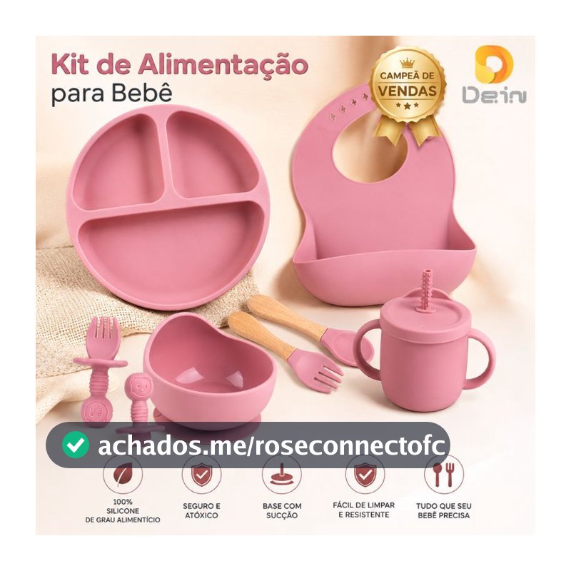 Kit de Alimentação para Bebê de Silicone 8 e 6 Peças Infantil Ventosa Canudo Colher Babador Garfo