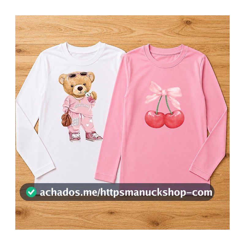 Kit 2 Camisa Manga Longa 100% Algodão Menina Cerejinha Infantil Urso Bear