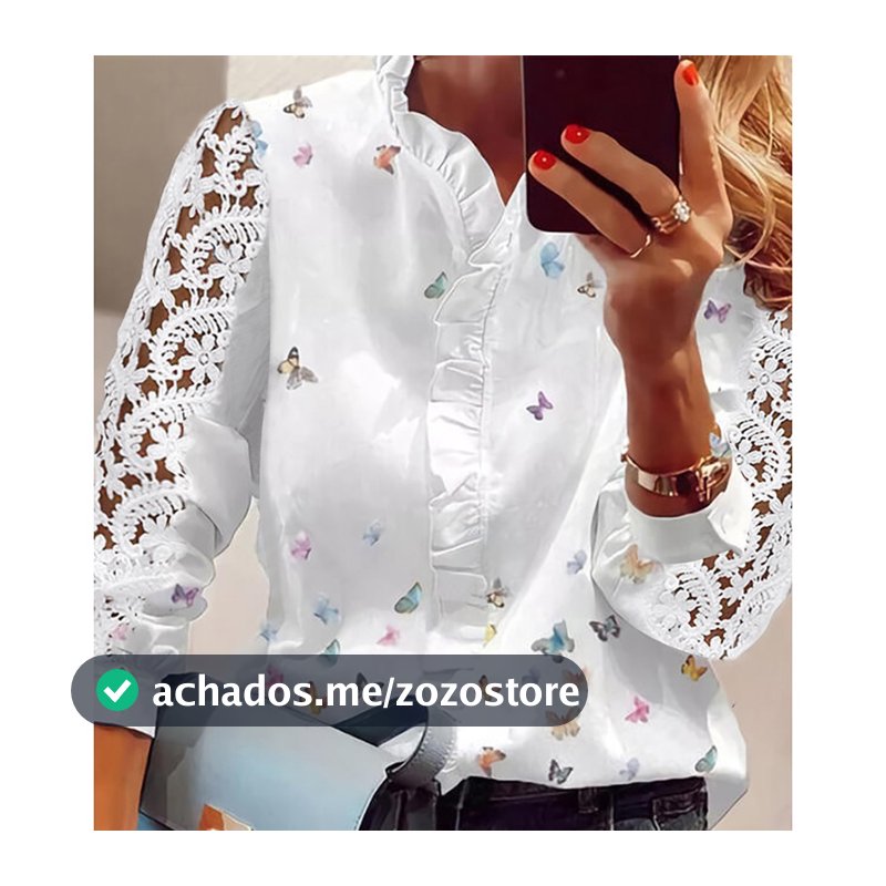 Blusa Feminina Elegante De Manga Longa Borboleta Impressão Com Rufos E Blusas De Renda Branca Vestuário Social