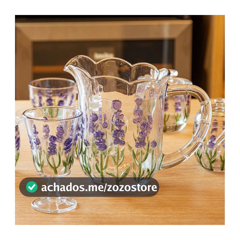 Conjunto Jarra 1,3L com 6 Taças 240ml Cristal Lyor Lavanda e Palm Tree Mesa Posta