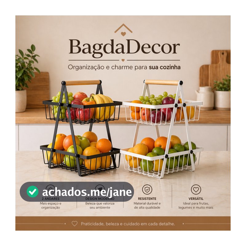 Fruteira Aramada de Ferro com Bambu 2 Andares | Multiuso Elegante para Cozinha e Bancada Premium!