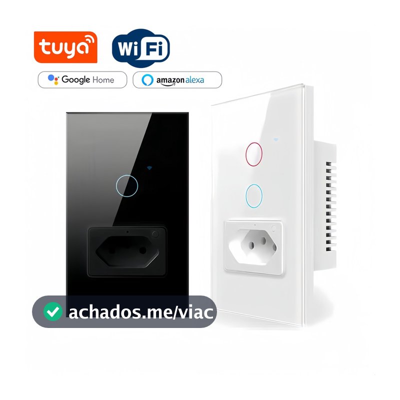 Interruptor Inteligente WiFi com Tomada e Painel Touch de Vidro Temperado, Compatível com Alexa e Google