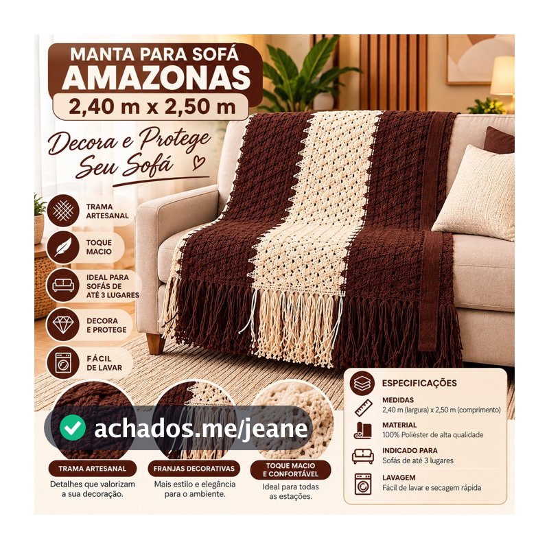 Manta para Sofá Amazonas 2,40x2,50m Decorativa com Franjas Trama Artesanal
