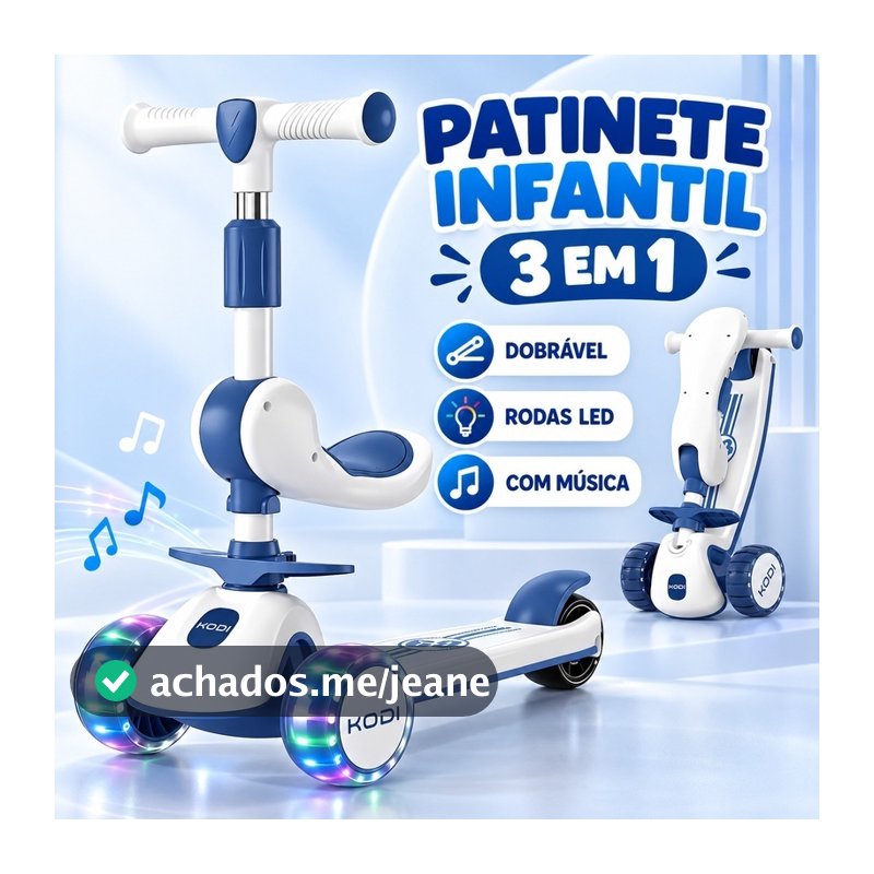 Patinete infantil dobrável 3 em 1 Assento e removível com LED e música suporta até 60 kg