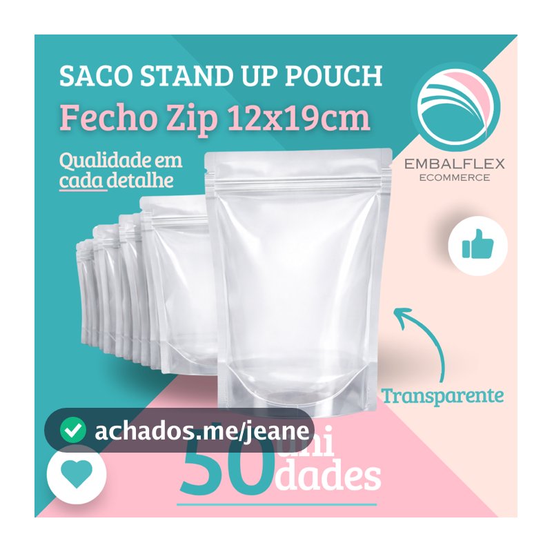 Embalagem Standup Pouch C/ 50 unidades Com Zip 12cmx19cm