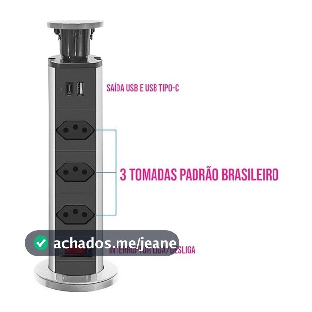 TORRE DE TOMADAS PRATA 10 AMPERES BMAX MULTIPLUG COM 3 TOMADAS USB + USB C RETRÁTIL DE EMBUTIR MESA BANCADA ESCRITORIO
