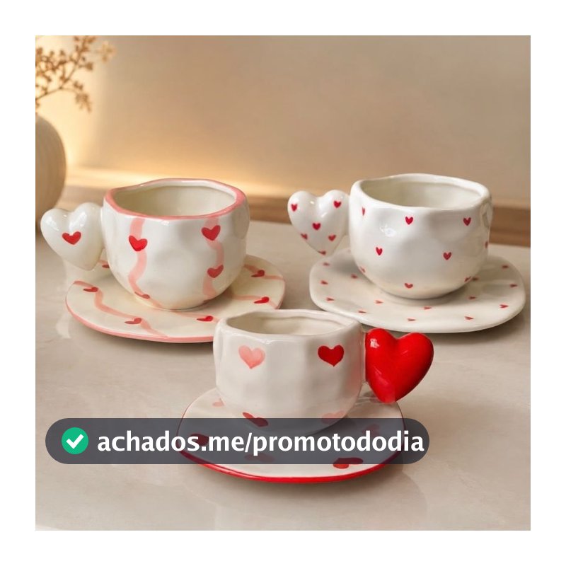 Unidade | Xícara Com Pires - 350ml em Cerâmica Designer Orgânico Heart Coração Xícara Divertida em Forma de Coração