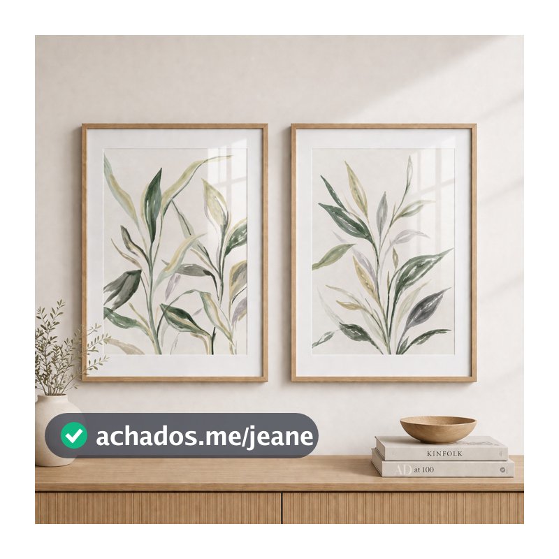 Kit 2 Quadros Decorativos Boho Chic Aquarela Natureza Neutra Sala/Quarto Com Moldura e Vidro
