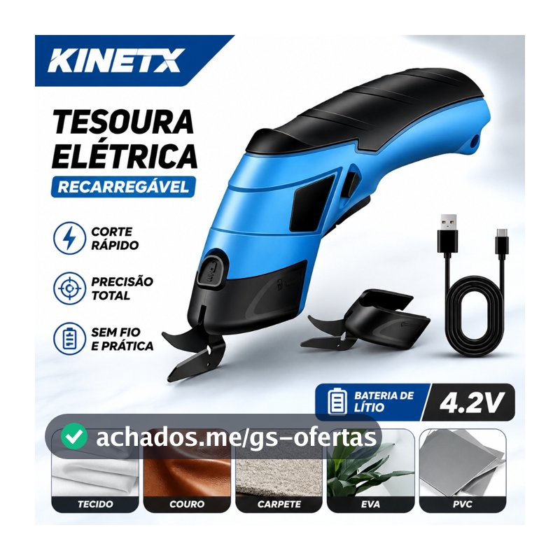 Tesoura Elétrica Para Tecidos Recarregável USB-C Bivolt Corte Rápido Multiuso Papelão Couro EVA Artesanato - KINETX