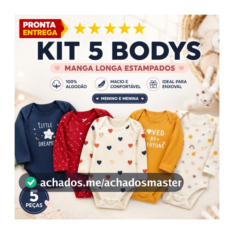 Kit 5 Peças Roupinha Enxoval de Bebê Body Manga Longa Estampado 100% Algodão