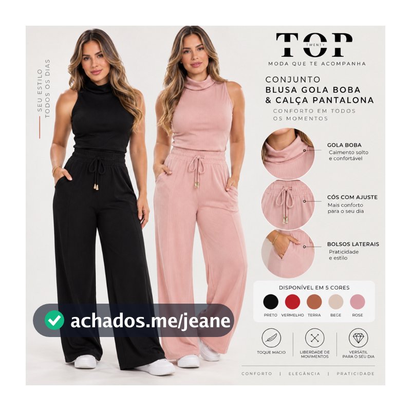 Conjunto Feminino em Malha Canelada - Blusa Sem Manga com Gola Alta e Calça Pantalona com Amarração Elegante Trabalho